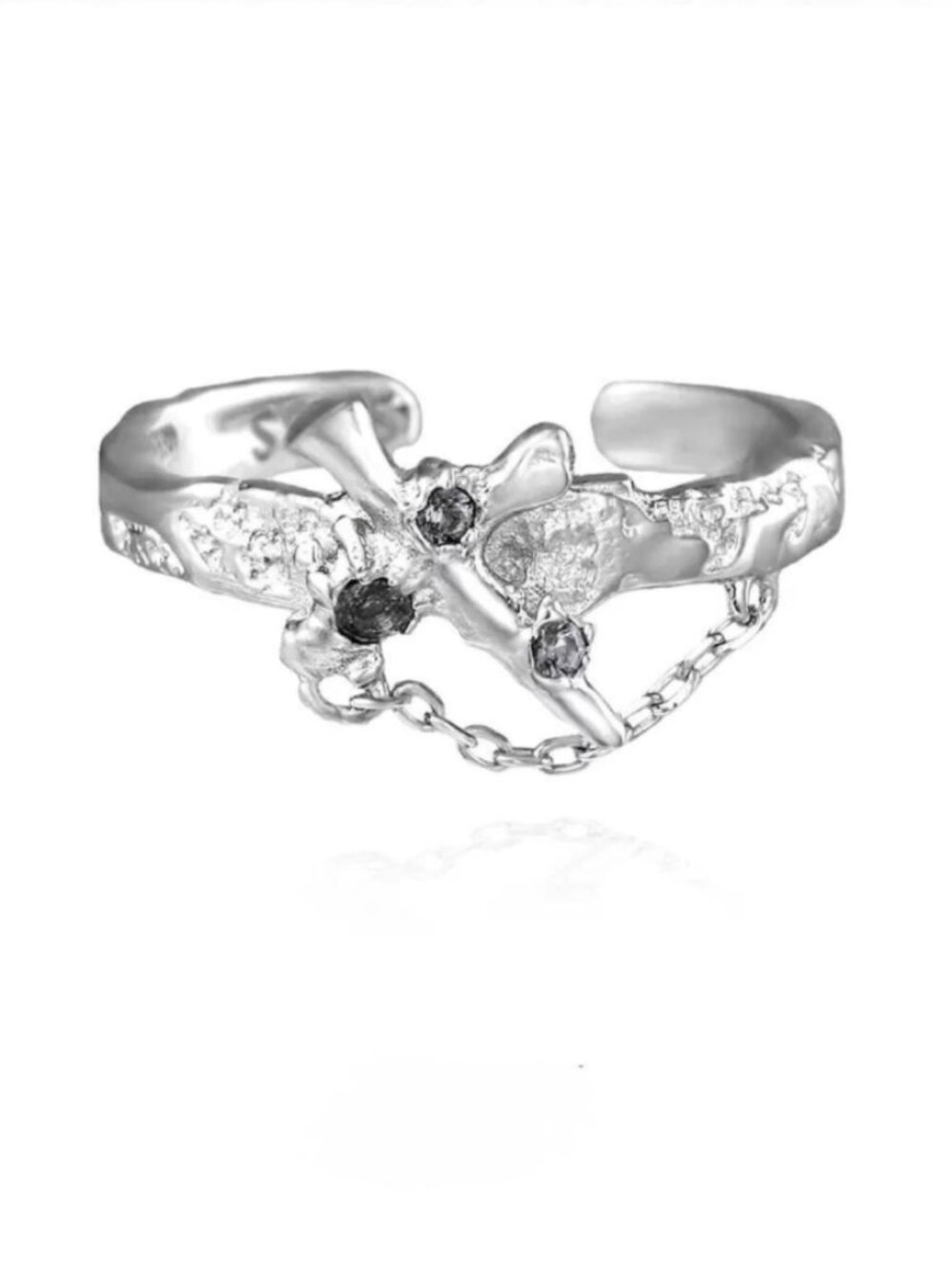 925 Silver Black Crystal Cross Open Ring Gothic Thorn Y2K Unisex Jewelry